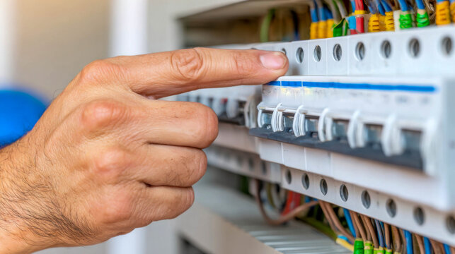Technician checks circuit breaker in residential electrical panel during routine maintenance