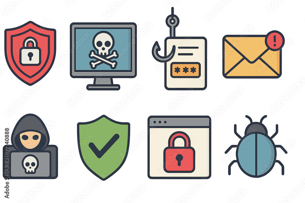 Poster cybersecurity icon set. hacker attack, phishing, virus, and data protection concepts. digital crime 