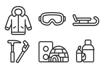 A set of six icons that represent winter sports and gear. The icons include a jacket, goggles, a snowboard, a snowmobile, a tent. vector
