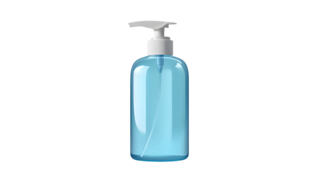 Clear Bottle of Blue Hand Sanitizer with White Pump on a Checkered Background for Germ Protection