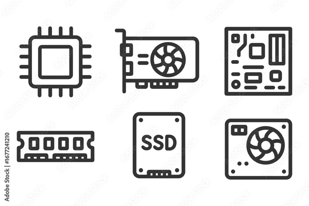 Fototapete A set of computer parts including a CPU, GPU, and SSD. The image is a collection of icons that represent different computer components. vector