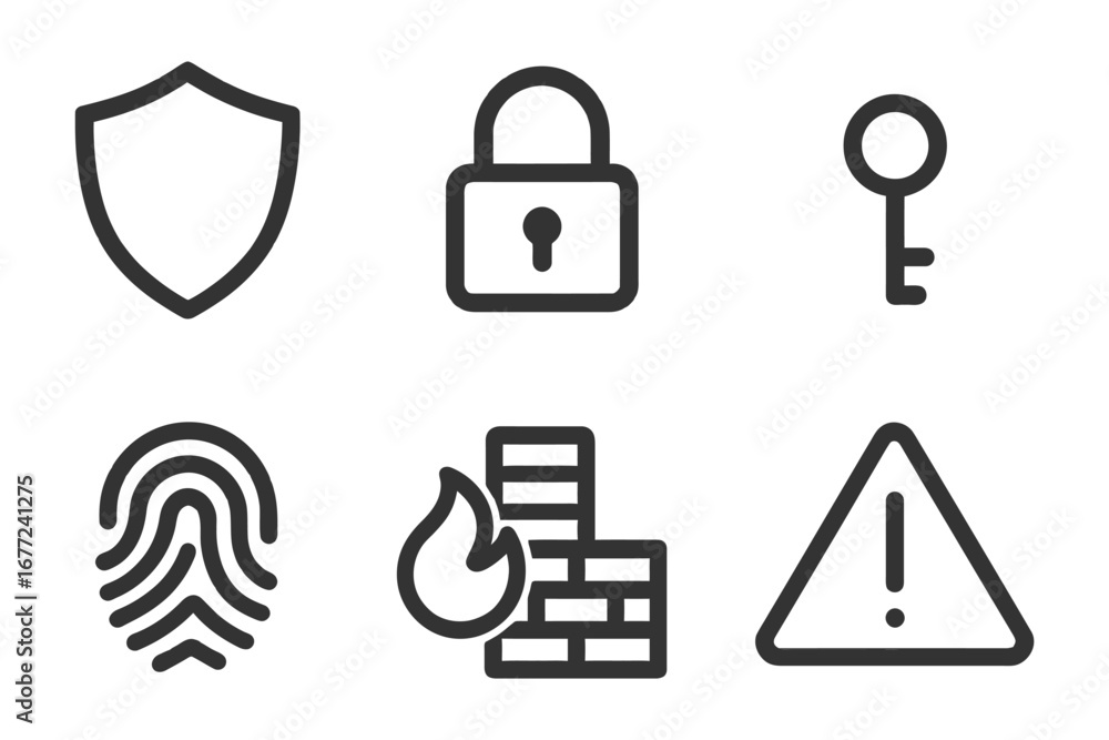 Poster a set of icons for security and safety. the icons include a key, a lock, a fire, a red x, and a tria