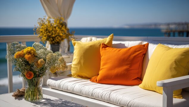 Sunny coastal patio scene with white couch, bright yellow and orange pillows, and yellow flower arrangements, overlooking ocean waves and pier
