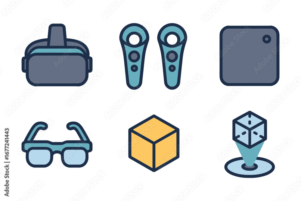 Aufkleber a set of six icons for virtual reality and gaming. the icons include a pair of virtual reality goggl