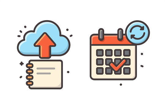 Cloud data upload and calendar synchronization vector icons. Illustration for efficient time management, scheduling, and planning. Organizer, productivity, deadline concept.