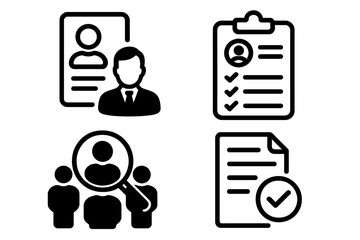 Job recruitment icon set. Human resources hiring process. Employment, career and staffing concept. Candidate search, resume CV, application form and approved document vector icons.