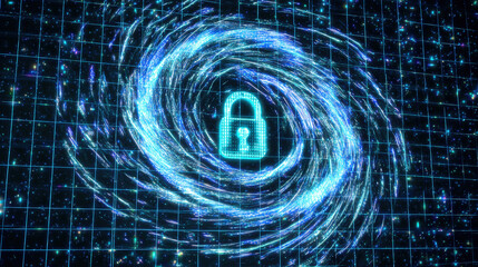 Digital lock with swirling encrypted data streams on dark grid background symbolizing cybersecurity, data privacy, and protection