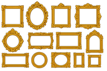 Ornate golden picture frames collection. Set of vintage baroque decorative borders. Elegant gold luxury frames for mirror or photo. Antique classic rococo art gallery vector.