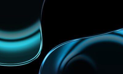 iridescent glass shape, 3D render, Abstract 3D render of sleek, flowing glass waves with cool blue light reflections on a black background.

