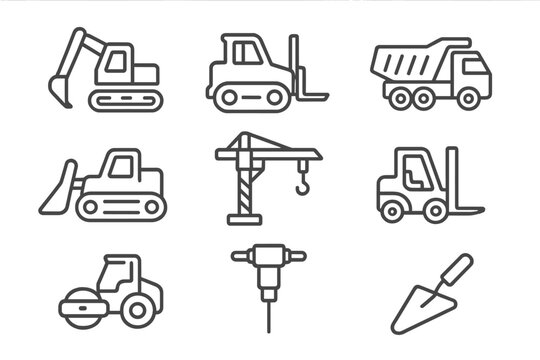 Construction equipment line icon set. Heavy machinery and building tools collection. Vector linear illustration of excavator, bulldozer, truck, crane, forklift, roller symbols.