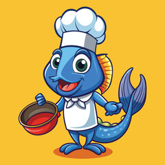 Cartoon-style catfish acting as a cook with a frying pan