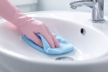 Gloved hand wiping a bathroom sink with a cleaning cloth, symbolizing cleanliness and hygiene in daily life.