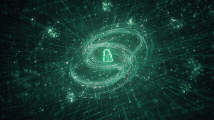 Fototapeta premium Digital lock with swirling encrypted data streams on dark grid background symbolizing cybersecurity, data privacy, and protection