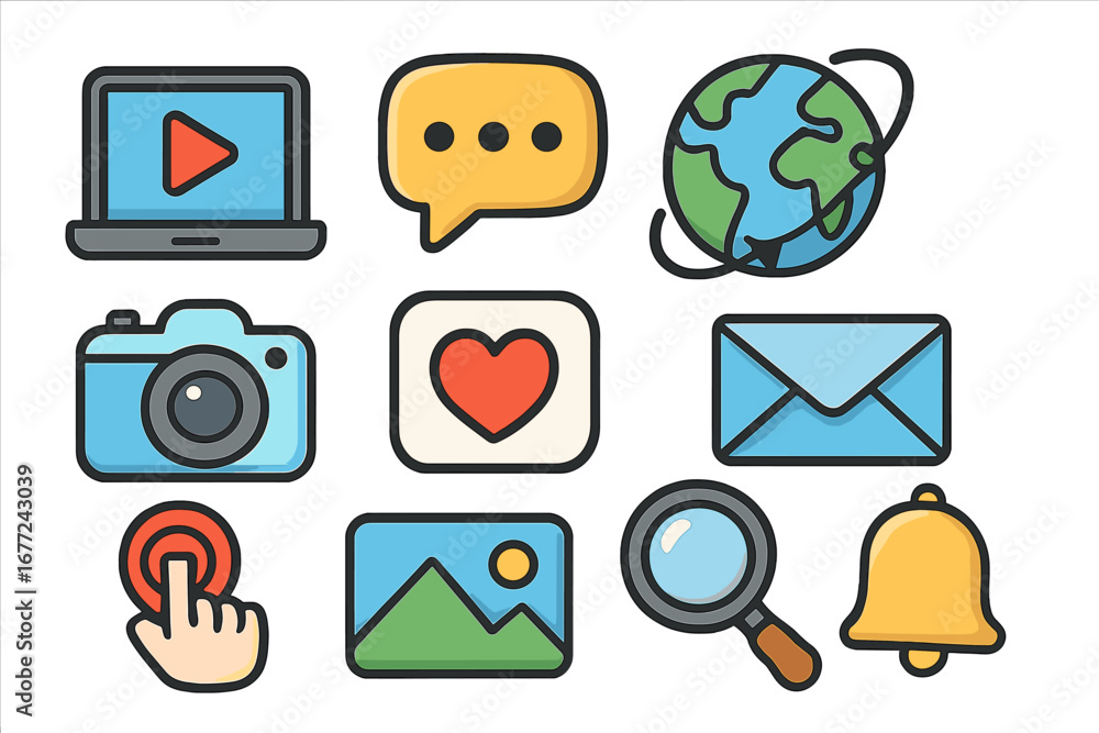 Poster colorful vector icon set for web design and mobile apps. digital media symbols for ui ux development