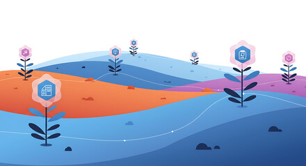 Digital Business Ecosystem Growth Vector Illustration. Modern Flat Landscape with Technology and Data Icons Representing Innovation, Analytics, Security, and Global Connectivity.