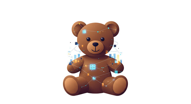 AI Teddy Bear with Data Analytics Overlay Vector Illustration. Cute Tech Toy Representing Digital Learning, Childhood Innovation, and Machine Learning Concepts on White.