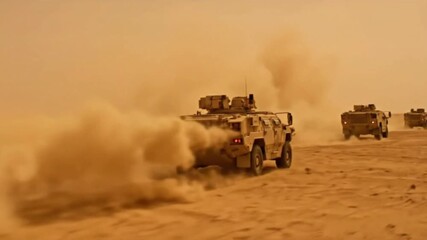 Convoy of Desert Tan Armored Military Vehicles Crossing Dusty Terrain in 4K