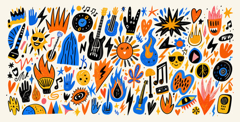 Vibrant Music Festival Doodle Illustration: Guitars, Flames, Sun