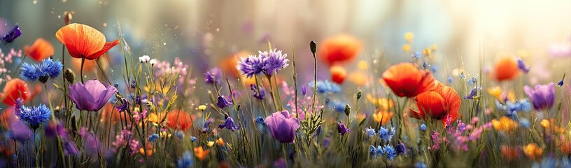 Vibrant wildflowers in a meadow bathed in soft sunlight