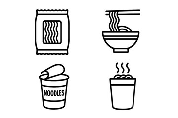 Instant noodles outline icon set. Ramen, cup noodles, and convenience food concept. Vector graphic illustration for fast food, Asian cuisine, and meal packaging design.