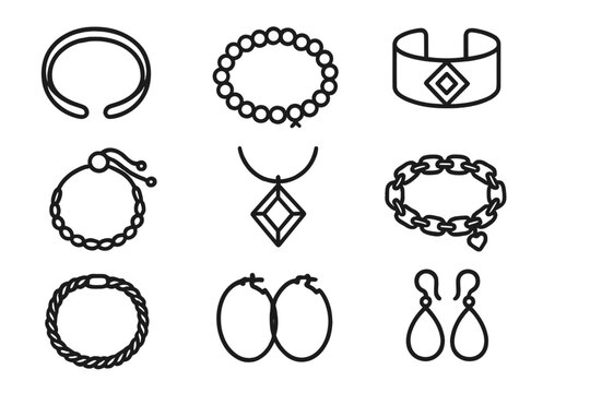 Jewelry icon set. Line art collection of fashion accessories. Vector illustration of bracelets, earrings, necklace, pendant. Outline icons for design, web, and print. Simple luxury.