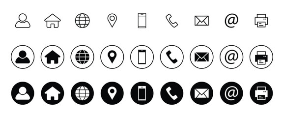 Business card contact information icon set. Business Contact Us information icons collection. Containing phone, mail, address, user, web, location for app and website. Vector illustration