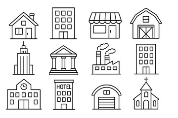 Fototapeta premium Building icon set. Simple line art collection of city and town architecture symbols. House, office, bank, school, hotel, shop, factory vector illustration. Real estate icons.