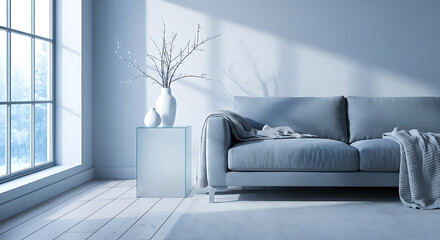 Cozy and minimalist living room with a blue sofa and natural light.