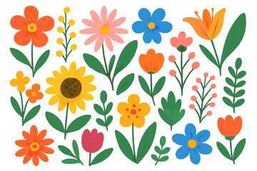 Colorful vector flat illustration set of diverse flowers and plants. Cheerful vibrant botanical collection for decorative design. Cartoon floral elements, spring garden clipart.