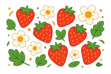 Colorful vector flat illustration of strawberries and flowers. Cute cartoon summer berry fruit set. Healthy food, garden harvest, nature elements for playful seamless pattern design.