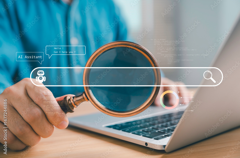 Poster artificial intelligence assistant concept with magnifying glass and search bar, man using laptop, ai