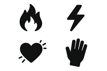 Obraz premium Pain Icon Set Solid Filled Symbols for Pain Symptoms and Sensations Including Burning Flame, Electric Bolt, Throbbing Heart, Numbness Illustration Vector Cartoon Collection