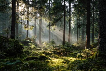 Sunbeams pierce a misty forest floor