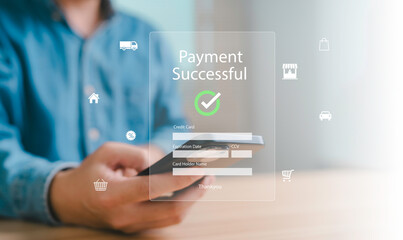 Mobile payment successful confirmation, secure digital transaction with credit card, fintech innovation, e-commerce shopping, safe internet banking, modern cashless financial technology.