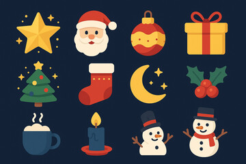 Fototapeta premium Set of Festive Nighttime Christmas Icons in Flat Vector Illustration Style