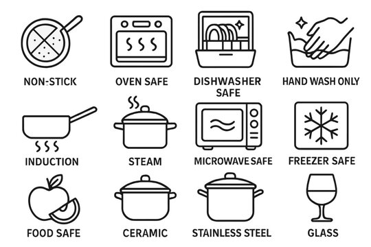 Kitchenware properties icon set. Vector symbols for pot and pan care. Packaging information pictograms. Non-stick, oven, microwave, dishwasher, induction, freezer safe signs.