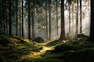 Sunbeams pierce a misty forest floor (1)