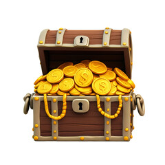 Wooden Treasure Chest Overflowing with Shiny Gold Coins Isolated on Transparent Background Symbolizing Wealth and Fortune for Financial Gain