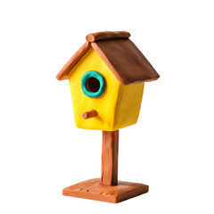 Yellow Birdhouse with Brown Roof and Wood Stand on Transparent Background for Garden Decoration and Wildlife Shelter