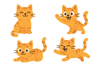 Obraz premium Set of cute ginger tabby cat characters. Collection of funny orange kitten in different poses and with various emotions. Happy playful pet animal flat cartoon vector illustration.
