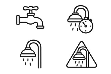 Water Conservation Icons Set. Outline vector graphics of water saving concepts including faucet turned off, shower timer, low-flow showerhead, and water efficiency symbols for awareness campaigns