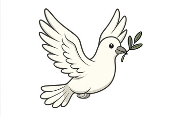 Fototapeta premium White dove of peace with olive branch. Vector cartoon illustration of a flying pigeon symbol of hope, love, faith and freedom. Holy spirit bird icon for peace day.