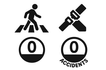 Zero Accidents Icon Set with Pedestrian Crosswalk, Seatbelt Safety, Speed Limit, Traffic Safety Symbols, Risk Prevention, Road Safety Vector Cartoon Illustration