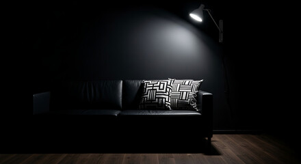 A modern black sofa with a patterned cushion under a spotlight in a dark room.