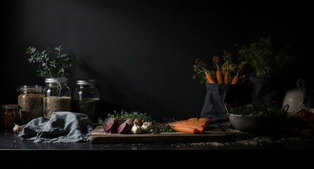 Rustic Dark Kitchen with Fresh Herbs and Root Vegetables