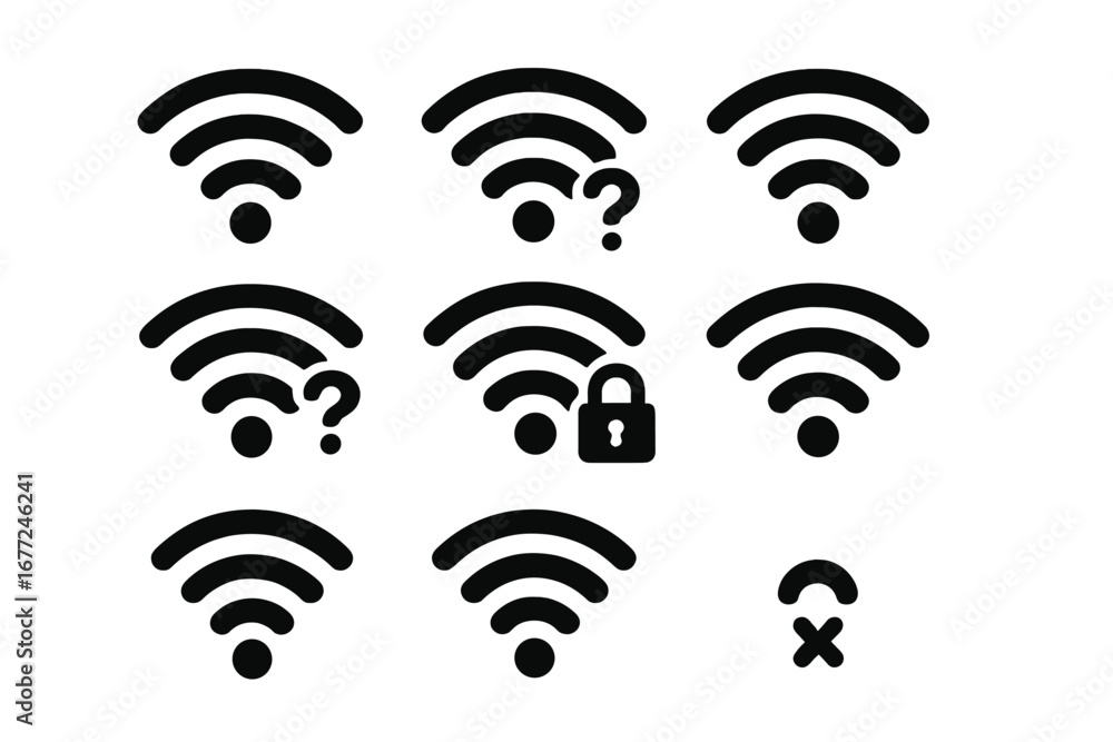 Poster wifi icon set. vector symbols for internet connection status. wireless signal strength, secure netwo