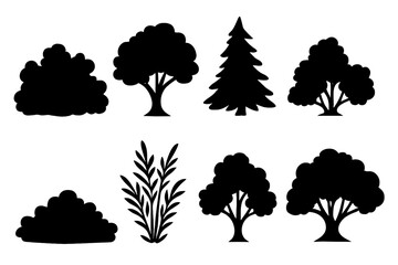 Set of tree and shrub silhouettes. Black vector icons of plants for forest, park, or garden design. Decorative monochrome nature elements, including pine and deciduous trees.