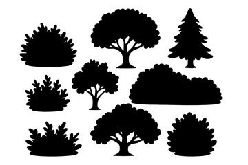 Set of black tree and shrub silhouettes. Vector illustration collection of forest, park, and garden plants. Deciduous and evergreen tree & bush icons for design elements.
