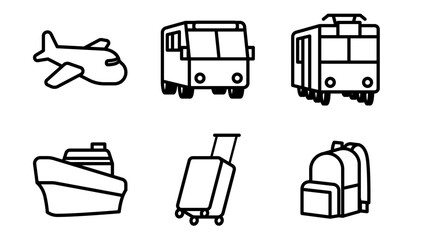 Travel icon set including airplane, train, bus, ship, suitcase, and backpack. Simple line art design with diagonal perspective, easy to use for travel, tourism, and transportation projects. シンプルで使いやすい