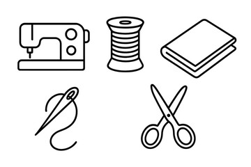 Sewing outline icon set with machine, thread spool, fabric, needle, and scissors. Vector graphic illustration for tailoring, dressmaking, needlecraft hobby and DIY crafts.